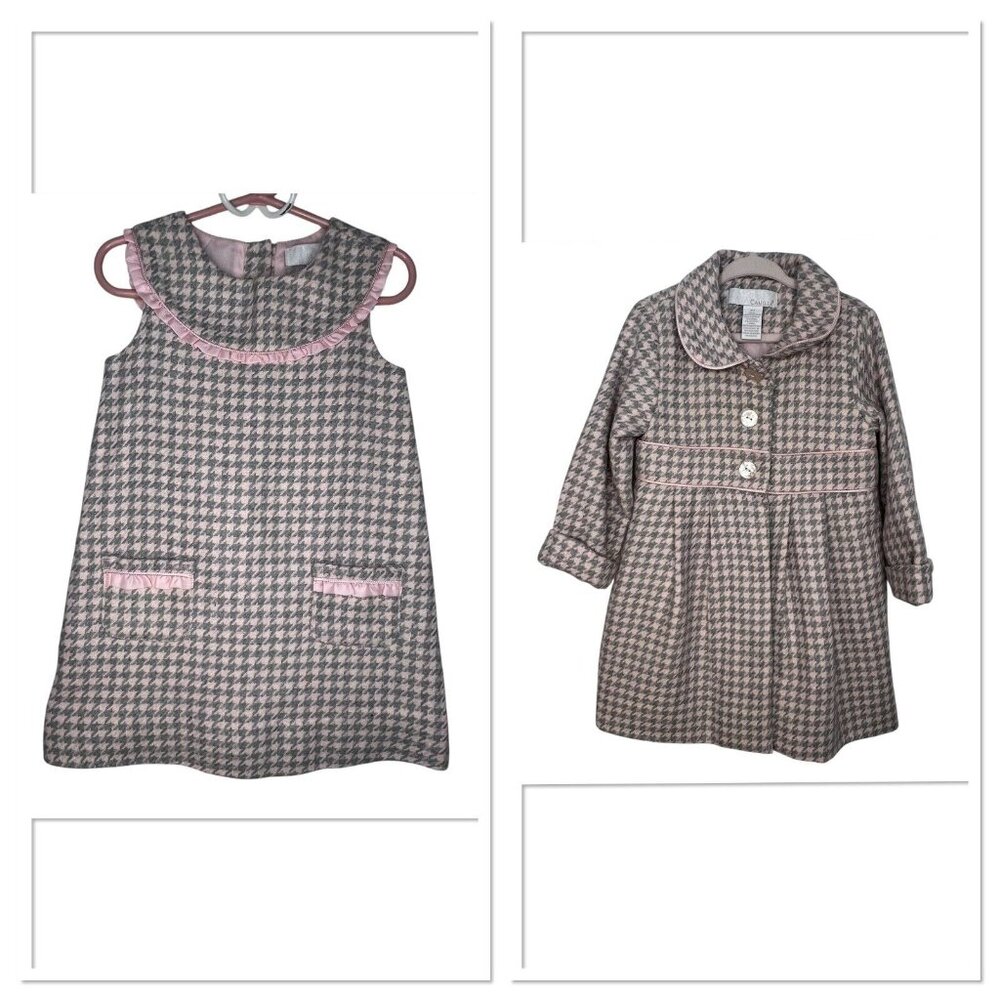 CAMILLA GIRLS BABY PINK GRAY WOOL BLEND HOUNDSTOOTH DRESS AND JACKET SIZE 4T‎
